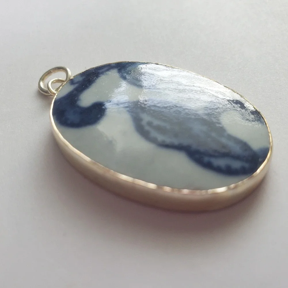 Vintage Ming Blue & White Porcelain Pottery Shard Pendant Oval Chinoiserie Focal